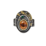 Mandarin Garnet, Emerald & Diamond Ring in Oxidize Silver