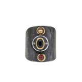 Triple Sapphire Tower Shield Ring in Oxidized Silver