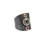 Triple Sapphire Tower Shield Ring in Oxidized Silver