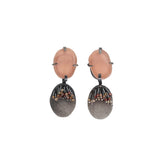 Pink Blown Glass Oval Post Earrings with Garnet Fringe in Oxidized Silver