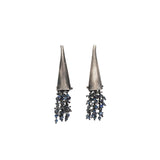 Silver Cone Dangly Post Earrings with Lapis Fringe in Oxidized Silver