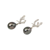 Sculpted Branch Post Dangle Earrings in Brushed Silver w/ Grey Diamonds