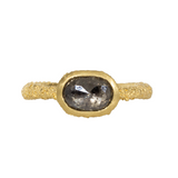 Oval Salt & Pepper Rosecut Diamond Solitaire Ring in Sand-Textured 18k Yellow Gold