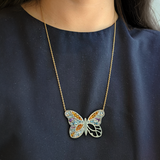 Custom Stained Glass Butterfly Necklace in Silver and Gold Accents