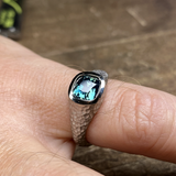 Custom Men's Signet Ring in 18k Palladium White Gold with Teal Sapphire