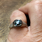 Custom Men's Signet Ring in 18k Palladium White Gold with Teal Sapphire