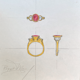 Custom Three Stone Engagement Ring in 18K Yellow Gold with Ruby and Diamonds