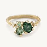 Green Sapphire and Diamond Asymmetric Cluster Ring in 14k Yellow Gold