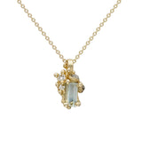 Raw Aquamarine and Diamond Encrusted Pendant in 14k Yellow Gold