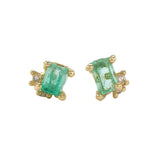Raw Emerald and Diamond Encrusted Studs in 18k Yellow Gold