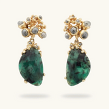 Emerald and Grey Diamond Encrusted Drop Earrings in 14k Yellow Gold
