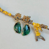 Emerald and Grey Diamond Encrusted Drop Earrings in 14k Yellow Gold