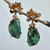 Emerald and Grey Diamond Encrusted Drop Earrings in 14k Yellow Gold