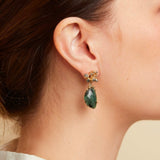 Emerald and Grey Diamond Encrusted Drop Earrings in 14k Yellow Gold