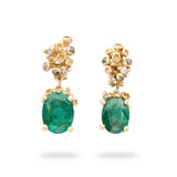 Emerald and Grey Diamond Drop Earrings in 14k Yellow Gold