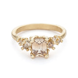 Emerald Cut Champagne Diamond Ring with Granules in 14k Yellow Gold
