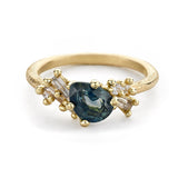 Pear Cut Teal Sapphire and Diamond Sweeping Cluster Ring in 14k Yellow Gold