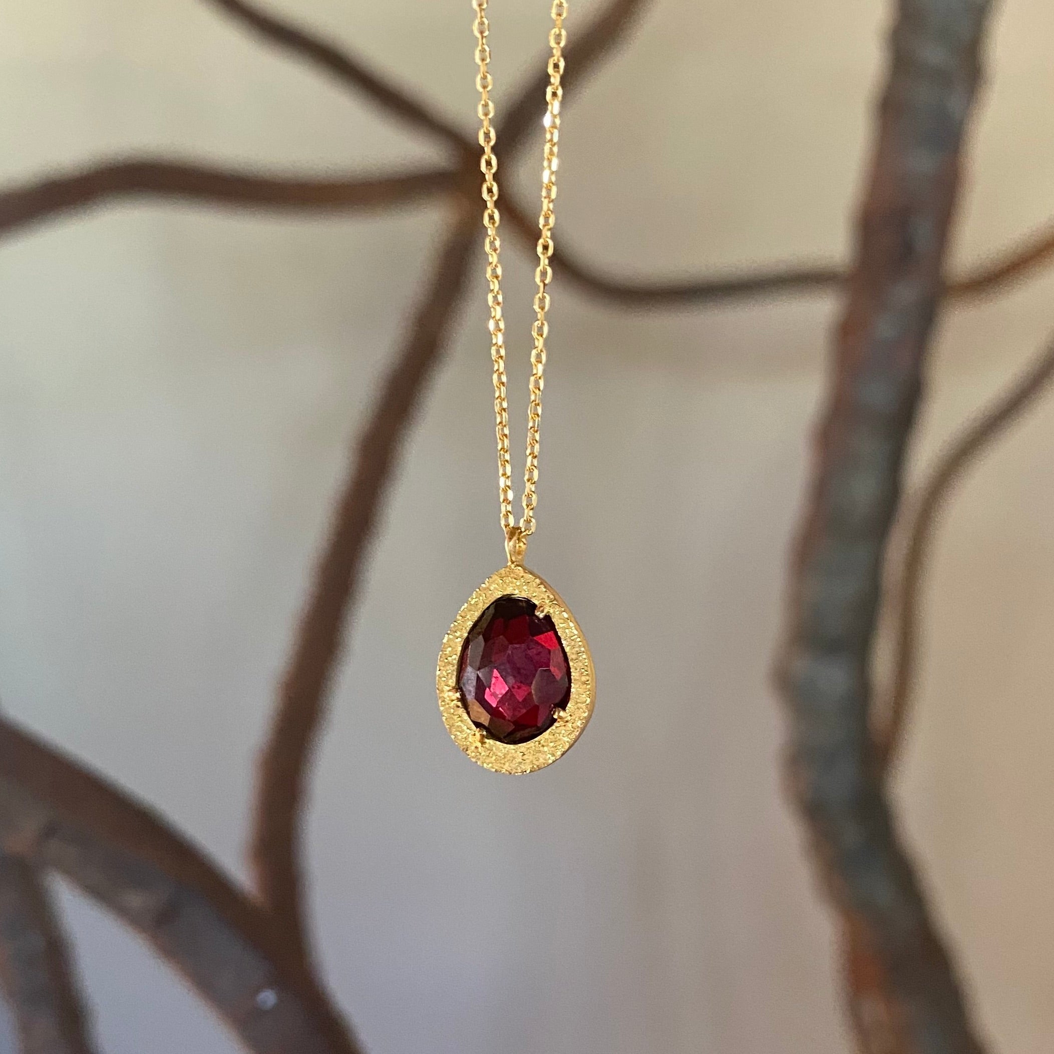 *Organic Rhodolite Garnet Pendant in Sand-Textured 18k Yellow Gold