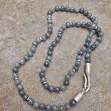 8mm Blue Grey Jade Necklace with Sculptural Silver Clasp and Beads