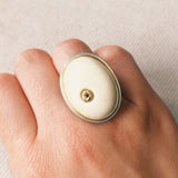 Oval Fossil Walrus Bone Ring with Cognac Diamond in 22k Gold and Silver