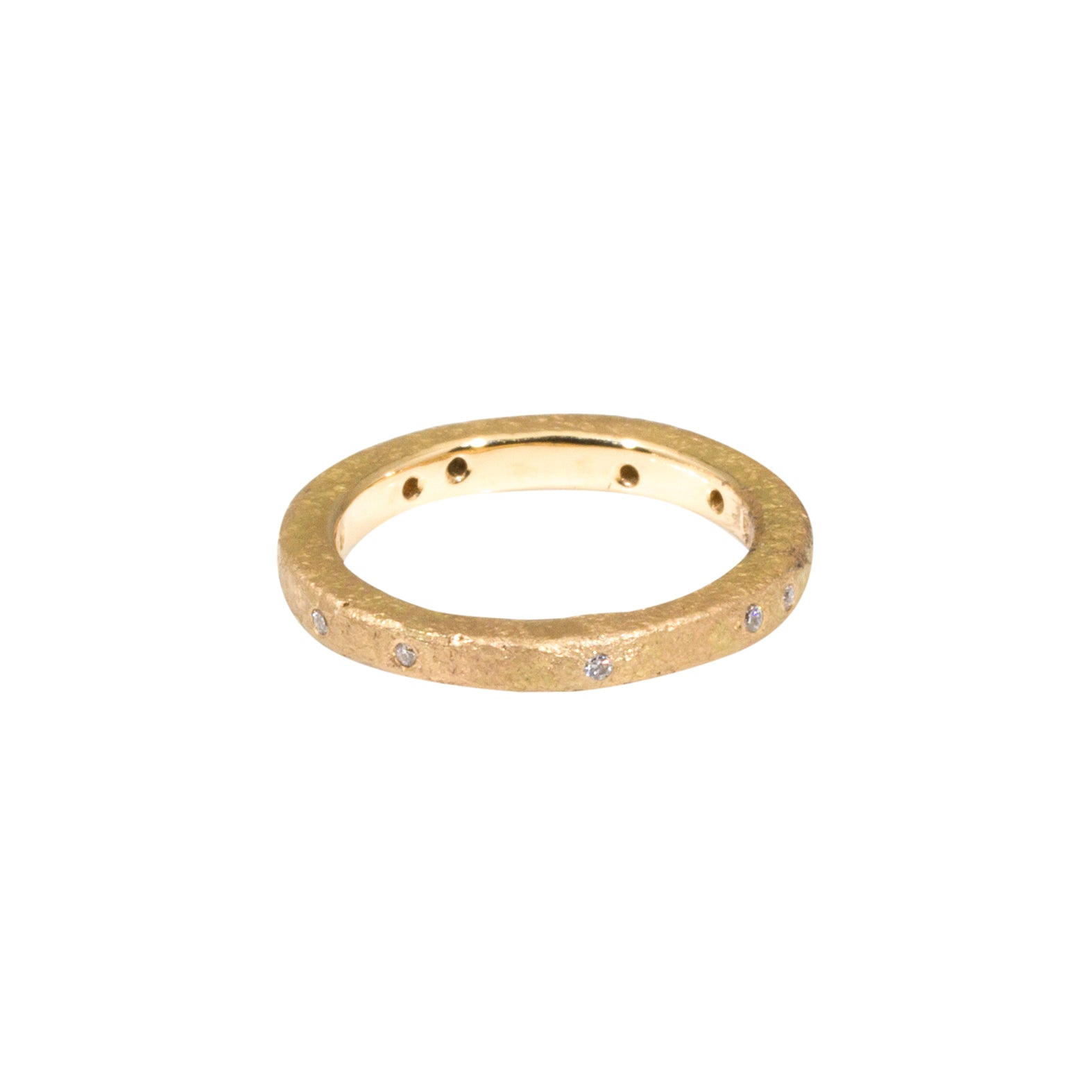 Simple Architectural Gold Band with White Diamonds in 18k Rose Yellow Gold and Sand Texture