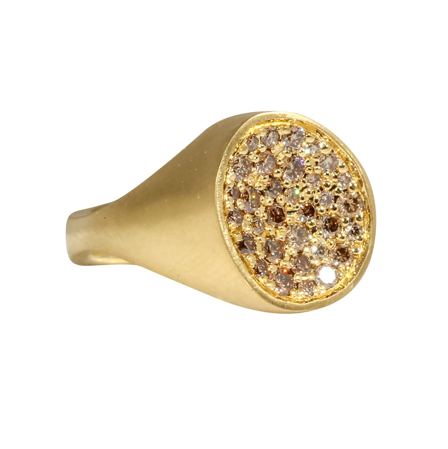 Organic Shaped Pave Signet Ring with Cognac Diamonds in 18k Yellow Gold