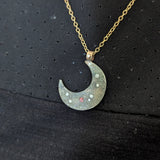Cancer Moon with Moissanite and Corundum Pendant on 14k Yellow Gold Chain