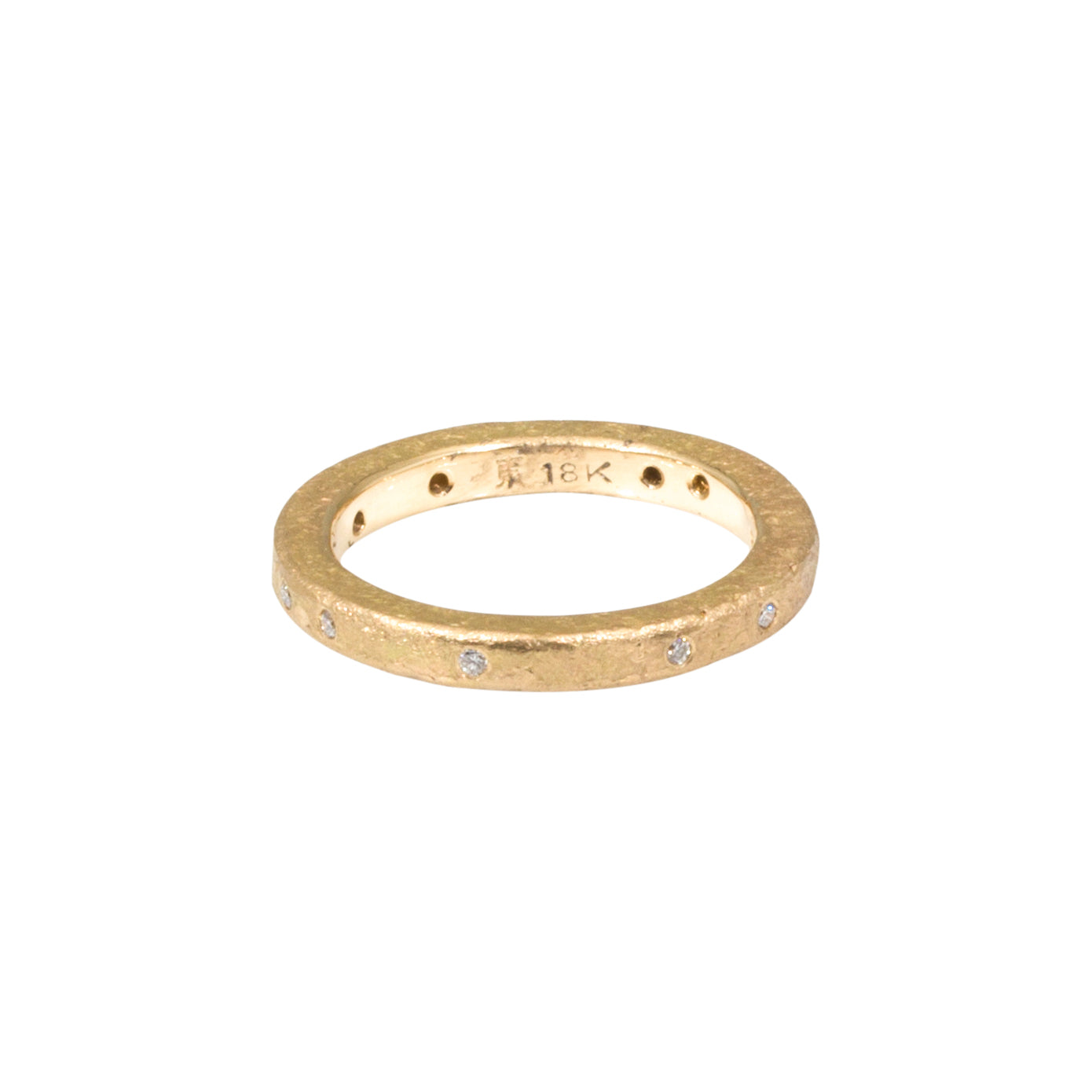 Simple Architectural Gold Band with White Diamonds in 18k Rose Yellow Gold and Sand Texture