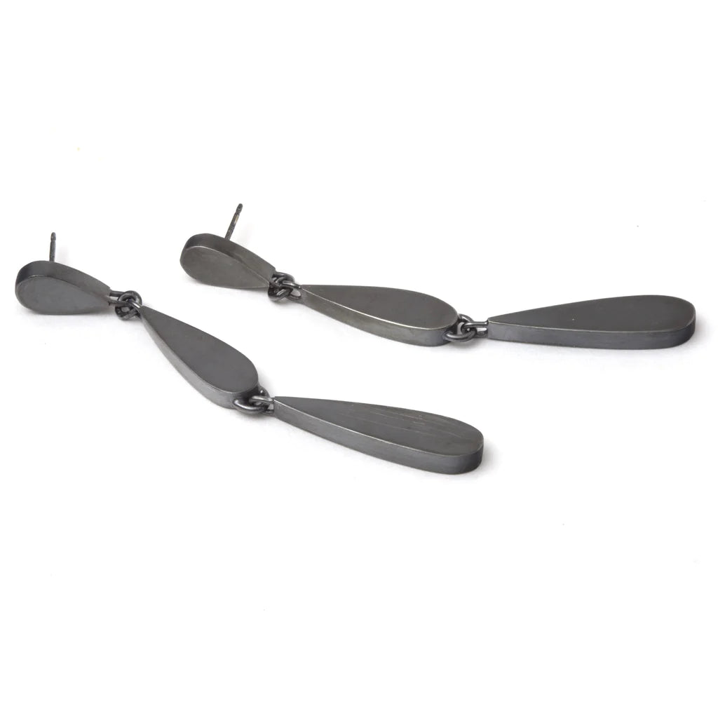 3 Tier Teardrop Dangle Post Earrings in Oxidized Silver
