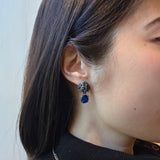 Sea Urchin and Blue Glass Post Dangle Earrings in Oxidized Silver