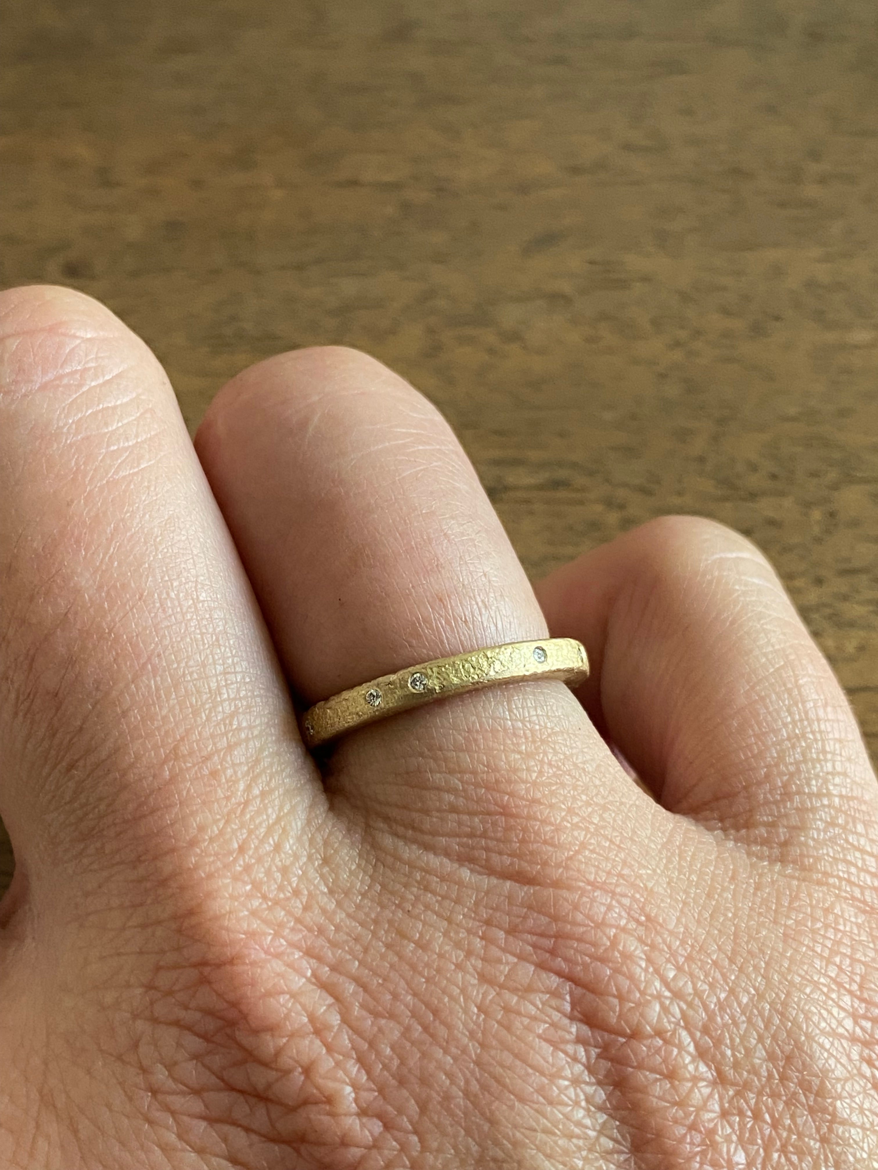 Simple Architectural Gold Band with White Diamonds in 18k Rose Yellow Gold and Sand Texture
