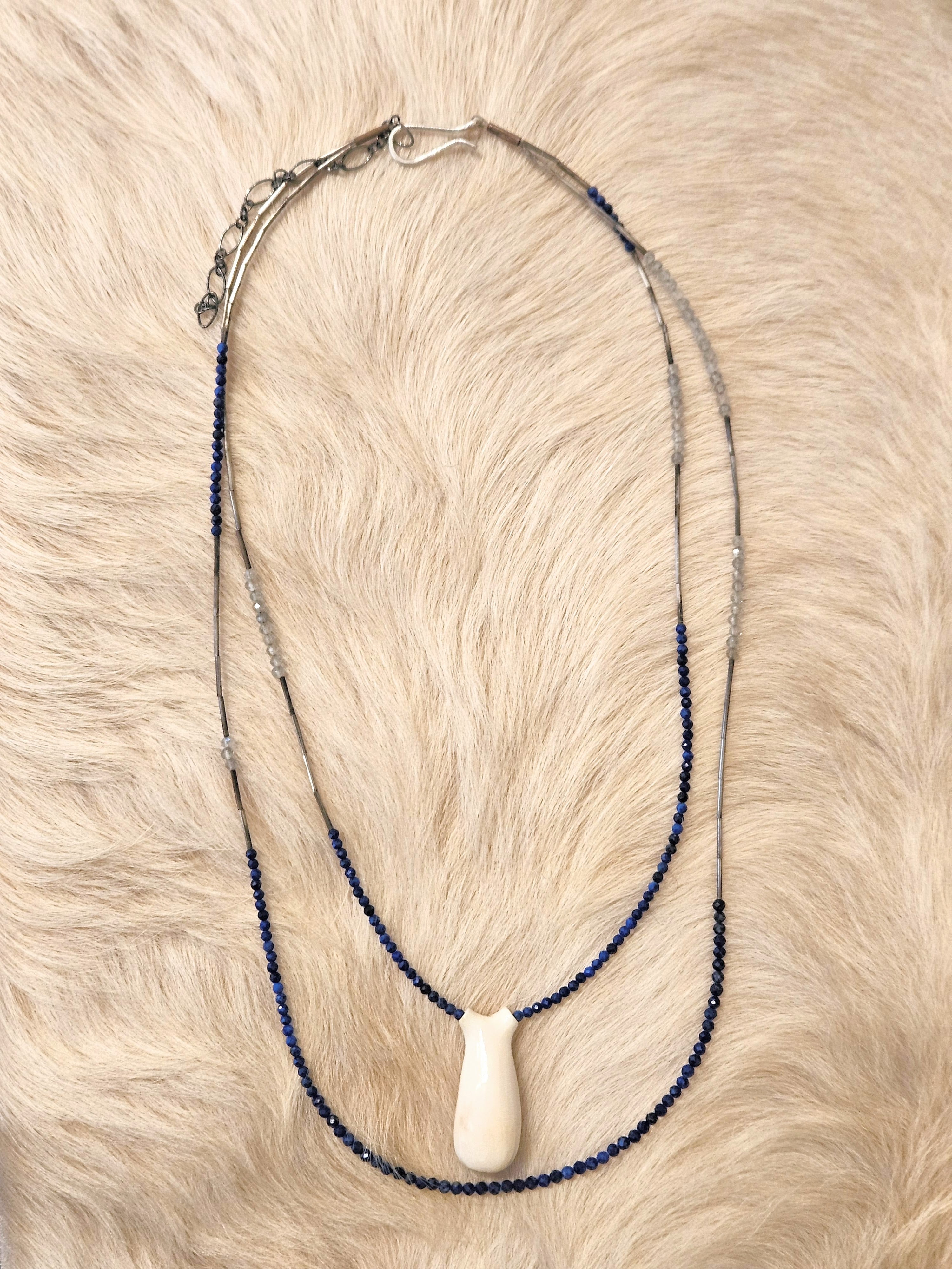 Lapis and Moonstone Bead Necklace with Carved Antler Pendant