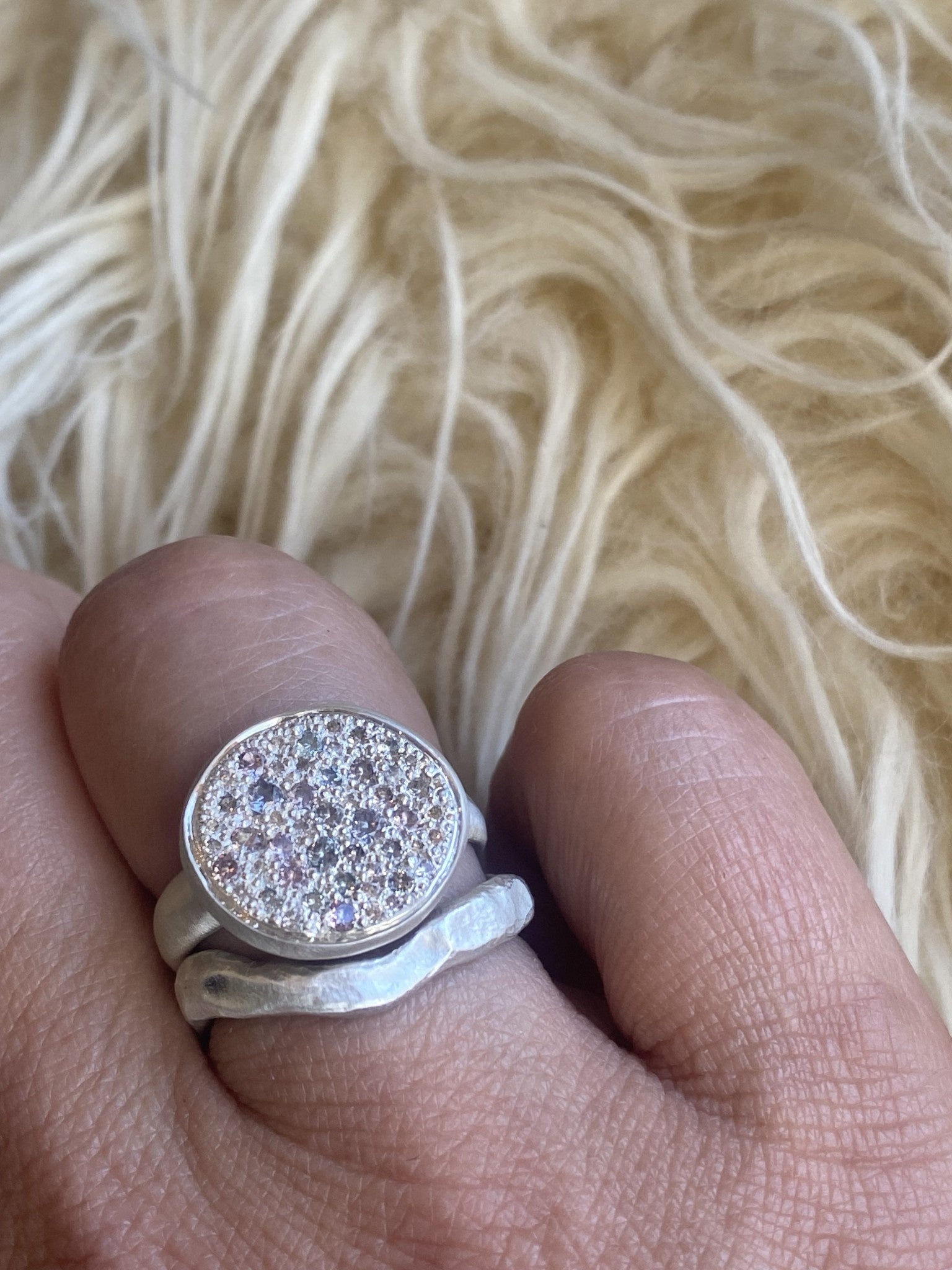 Pave Set Signet Ring with Lavendar Sapphires in Brushed Silver