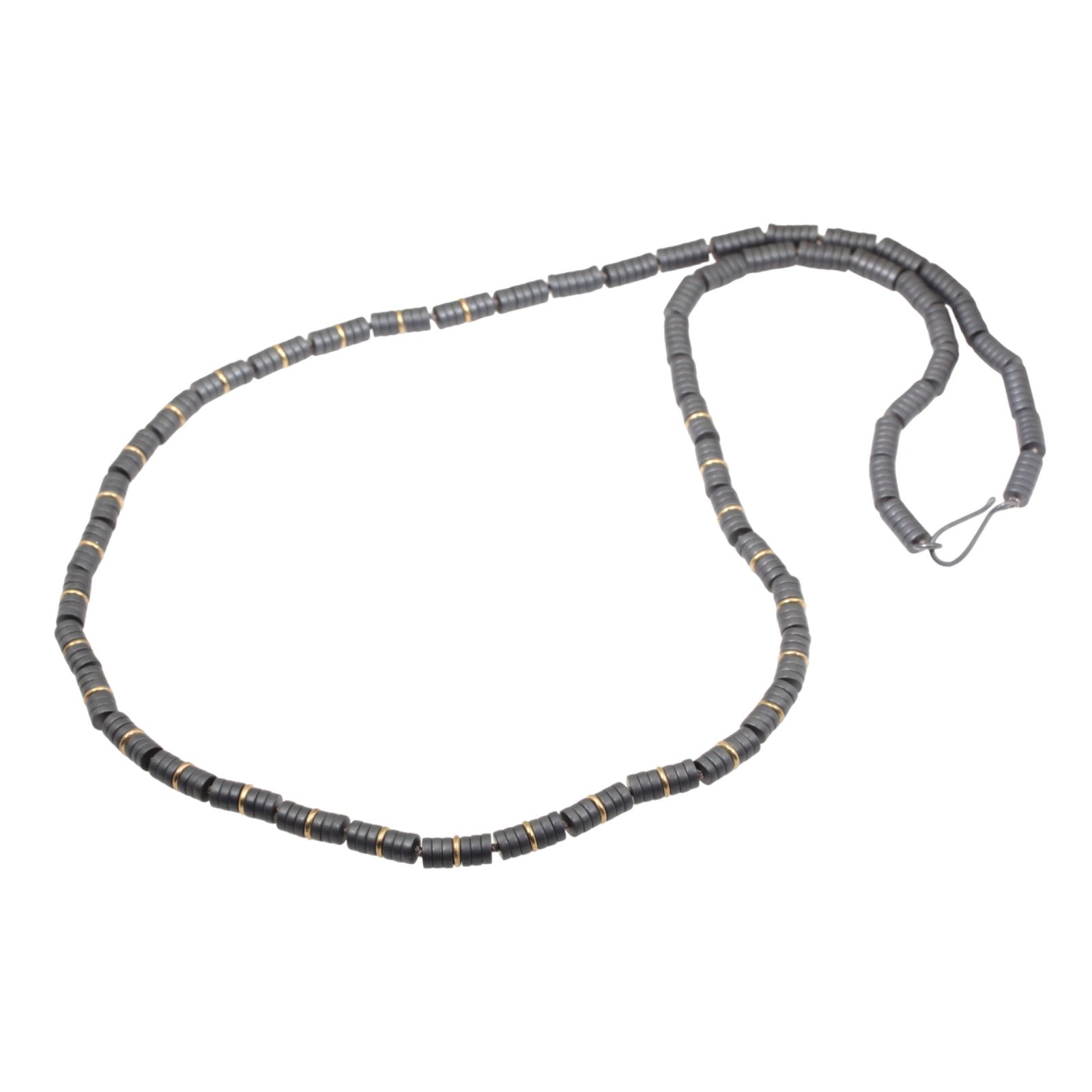 Matte Hematite Disc and Brass Bead Necklace with Oxidized Silver Clasp