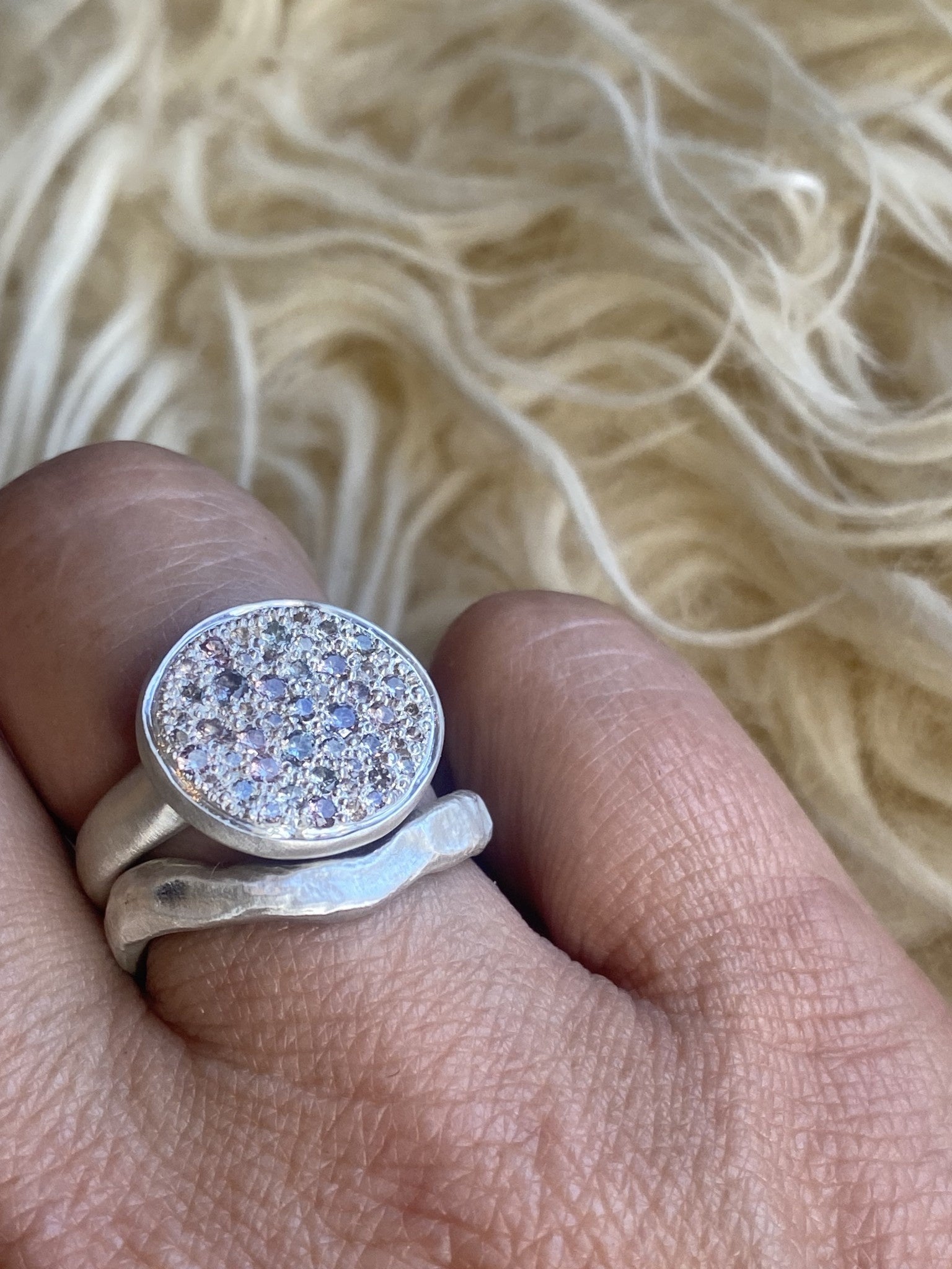 Pave Set Signet Ring with Lavendar Sapphires in Brushed Silver
