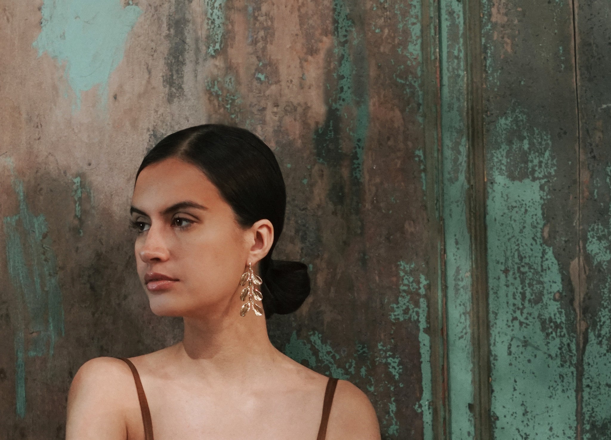 Three-Tiered Dyad Earrings in Yellow Bronze