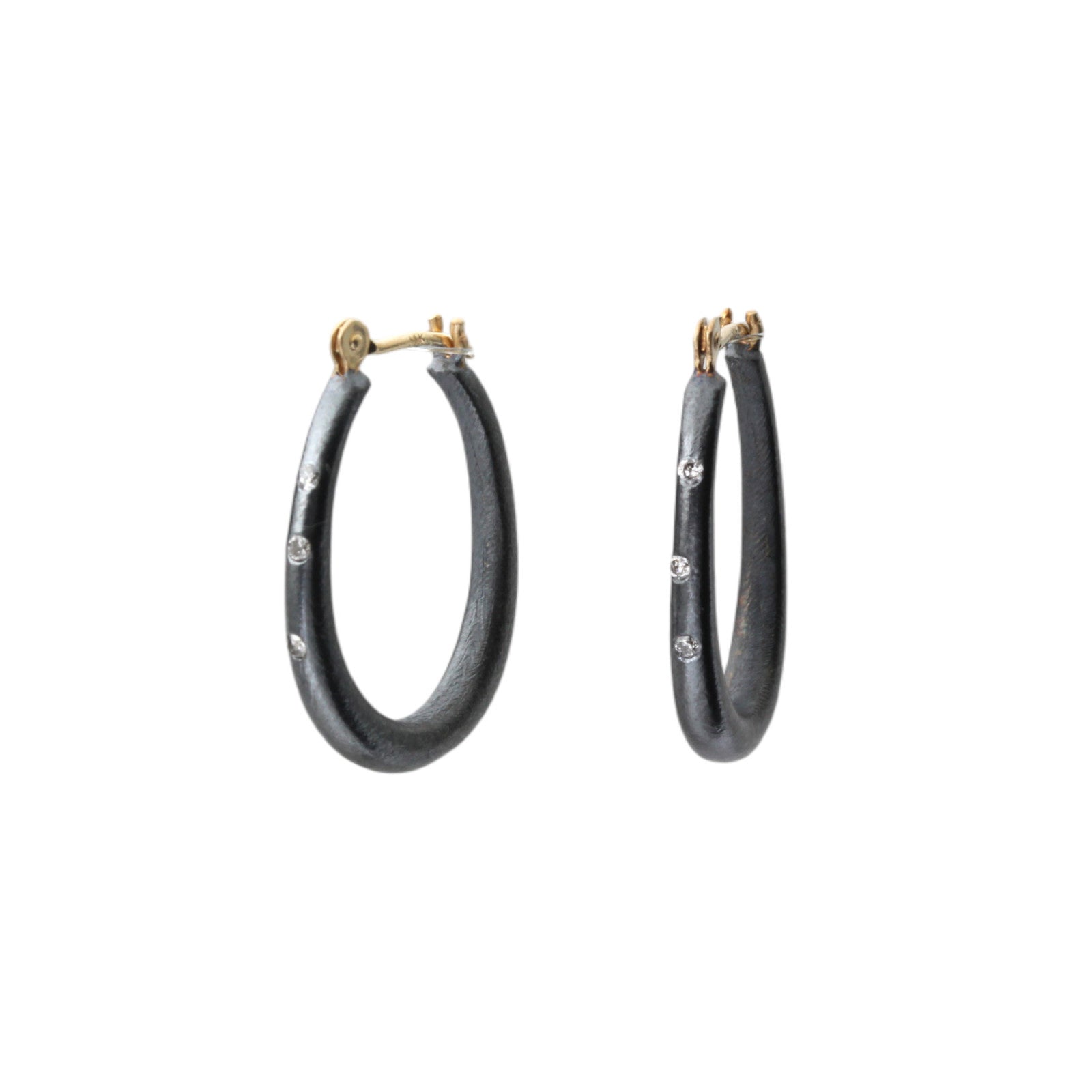 Small Katachi Oval Hoop Earrings with Locking Wire in Oxidized Silver and (3) Grey Diamonds