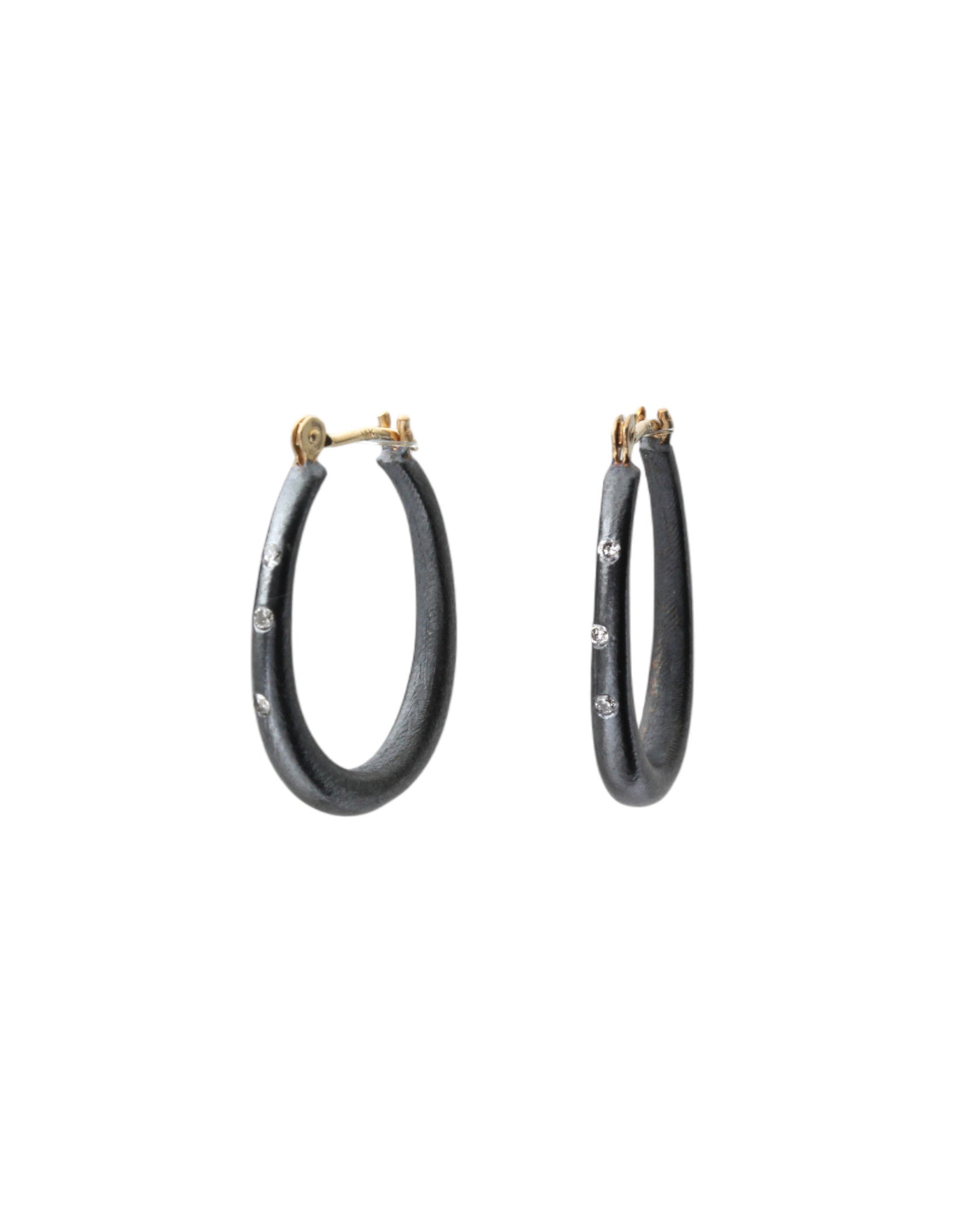 Small Katachi Oval Hoop Earrings with Locking Wire in Oxidized Silver and (3) Grey Diamonds