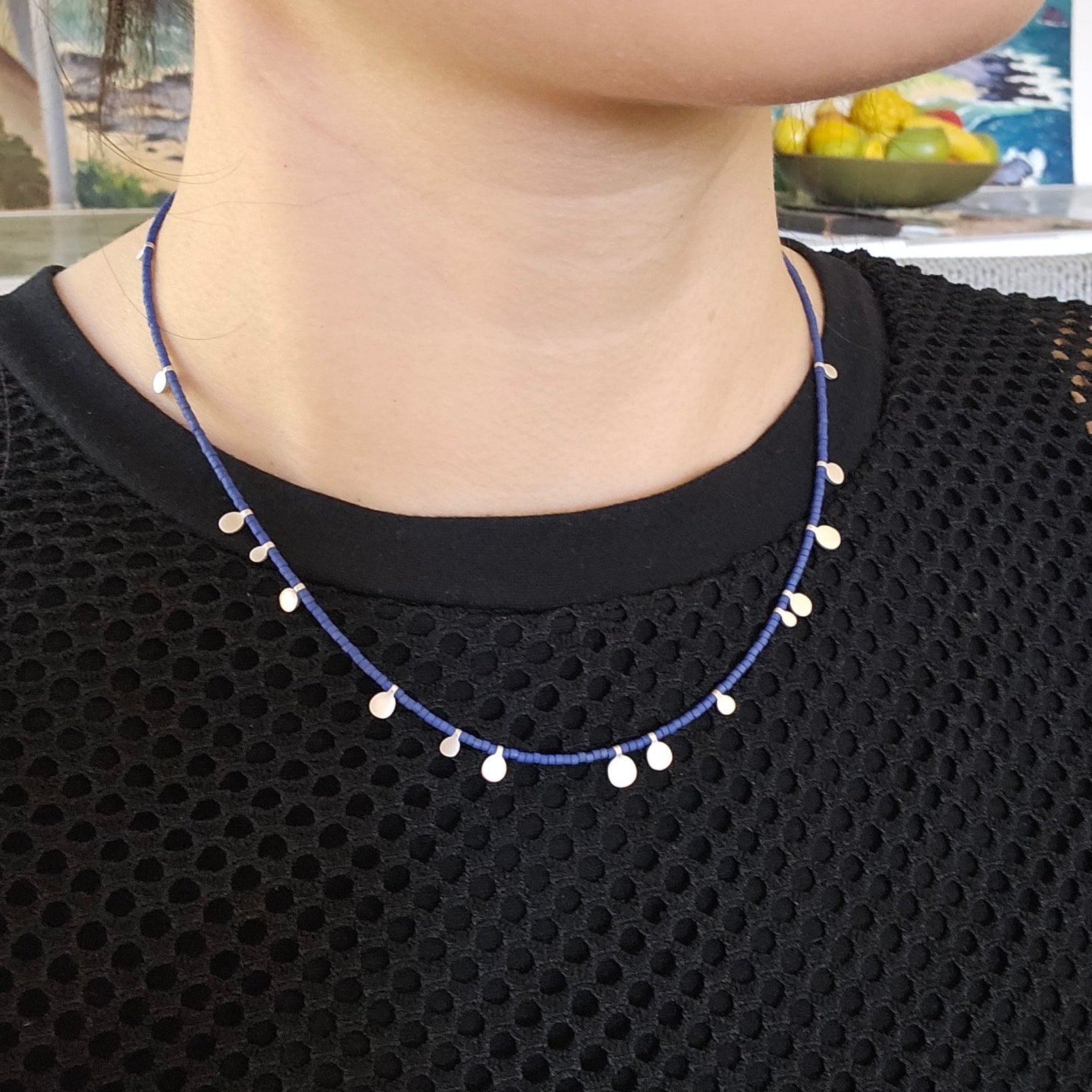 Marja Necklace with Silver Droplets and Blue Beads