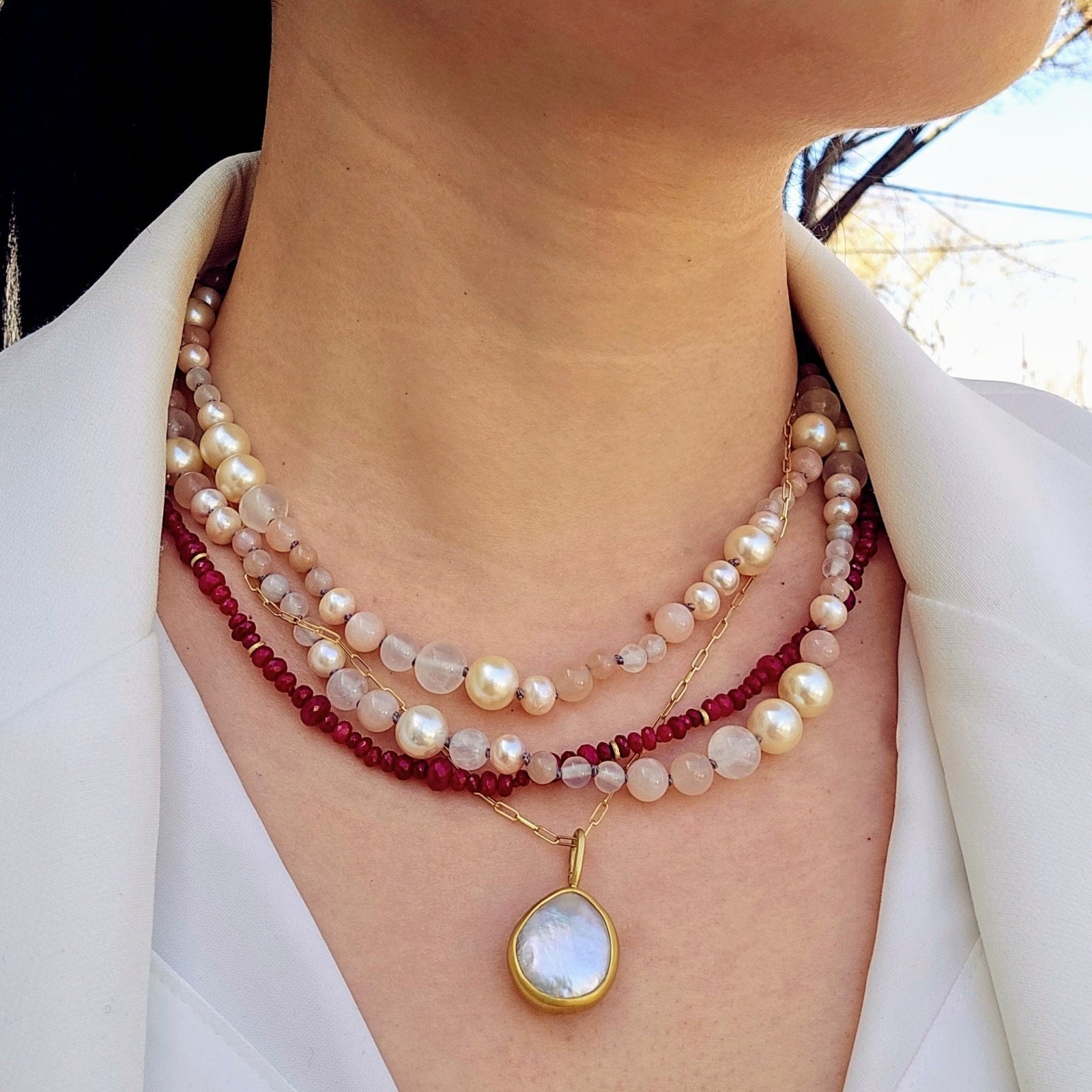 Pearl and Moonstone Necklace with Bronze Clasp