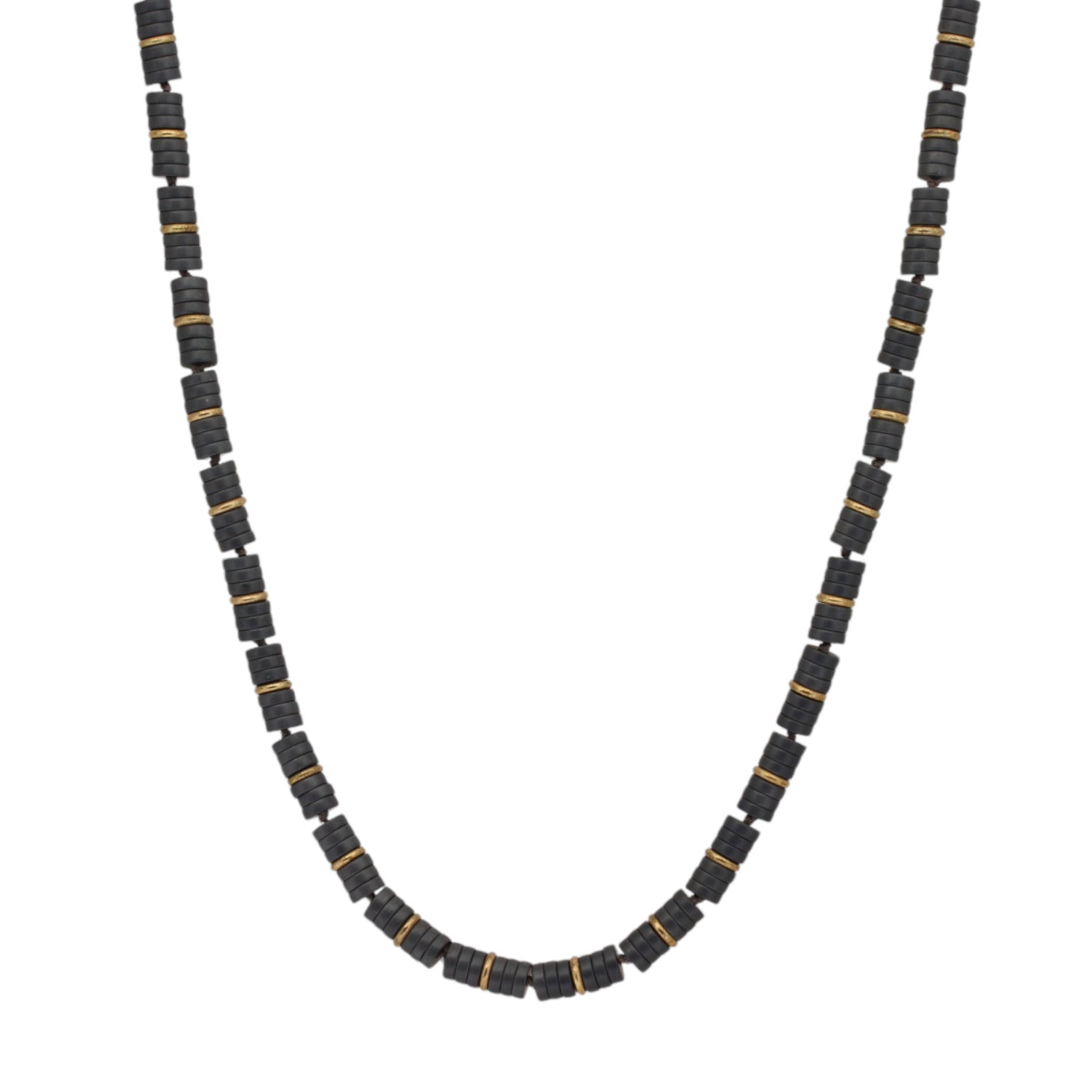 Matte Hematite Disc and Brass Bead Necklace with Oxidized Silver Clasp