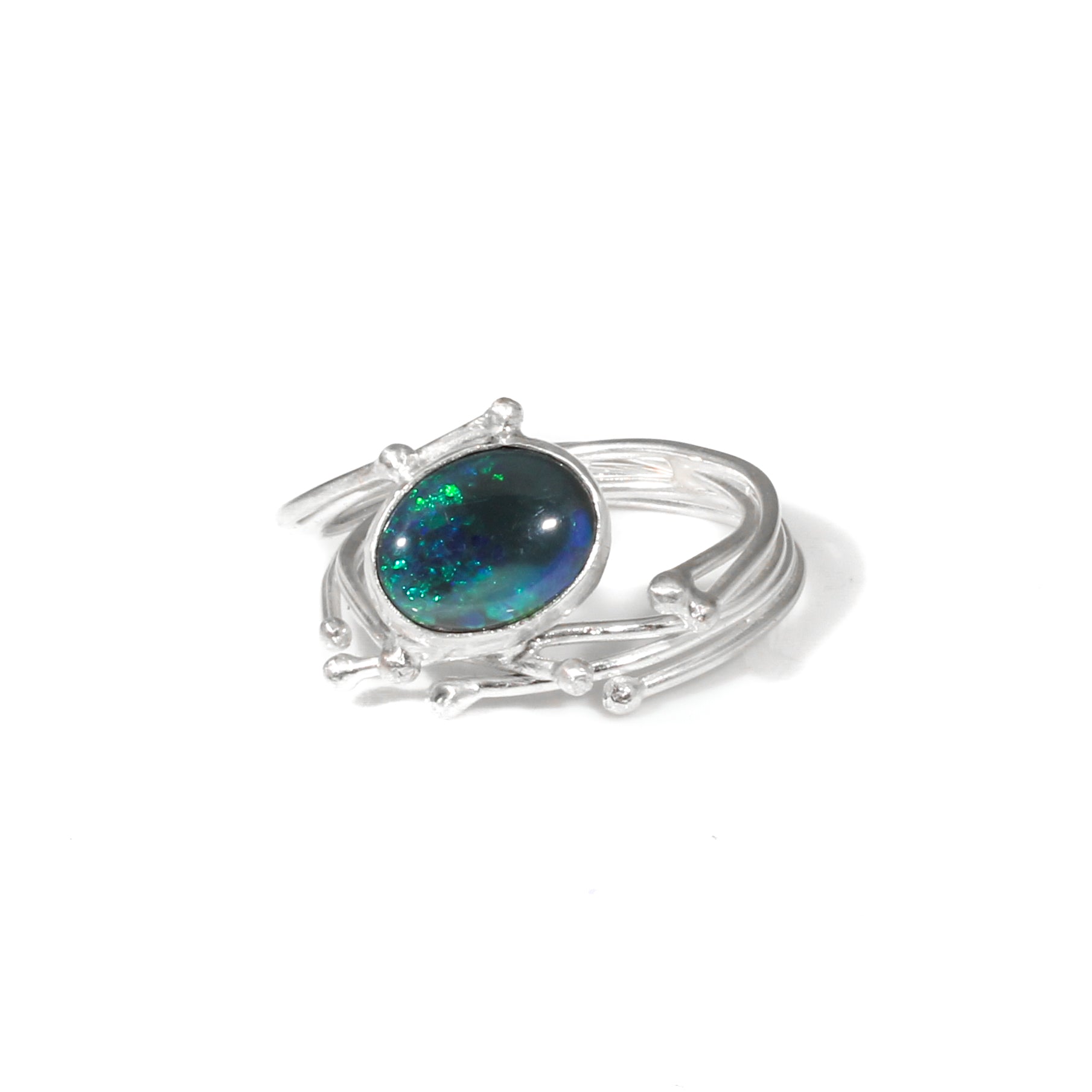 Seagrass Ring with Blue/Green Opal in Silver