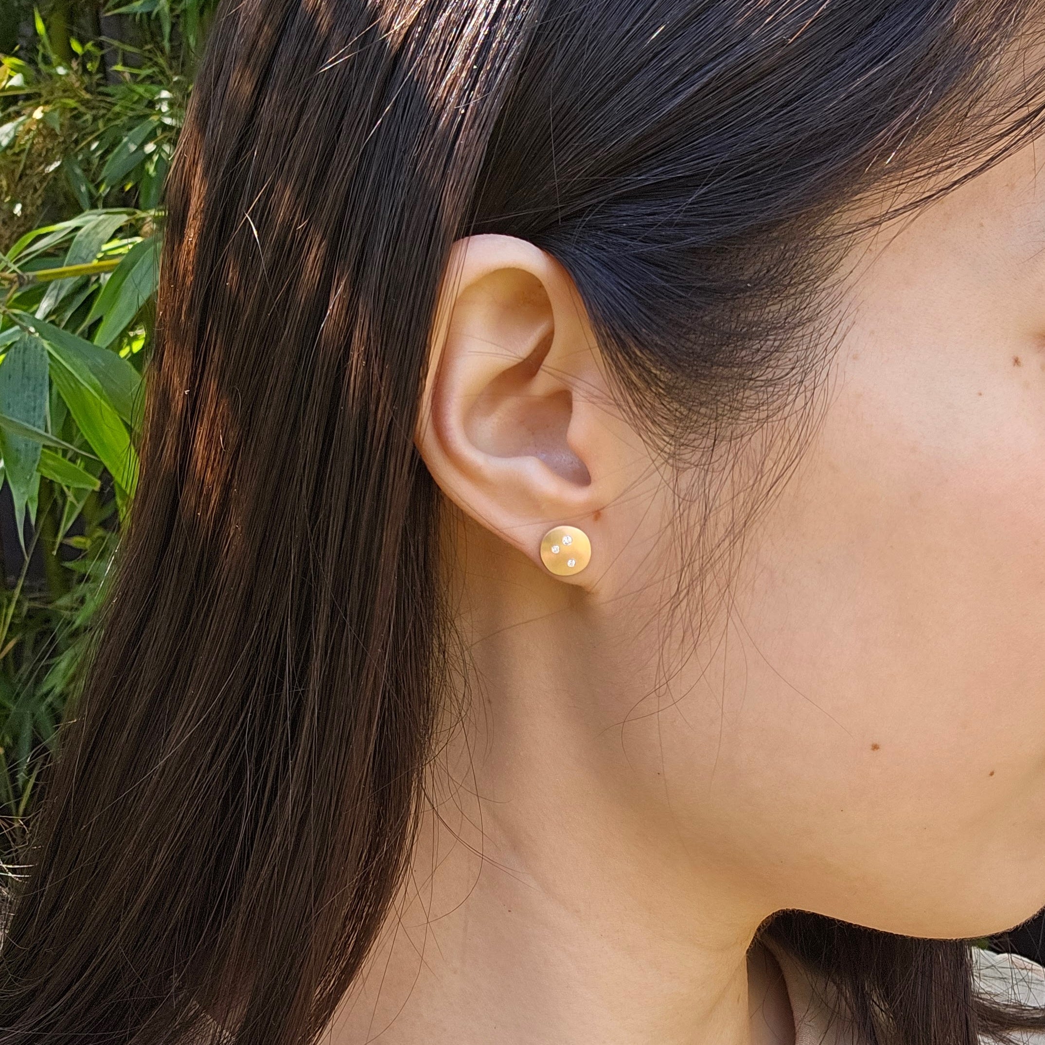 Organic Shape Concave Earrings in 14k Gold with White Diamonds