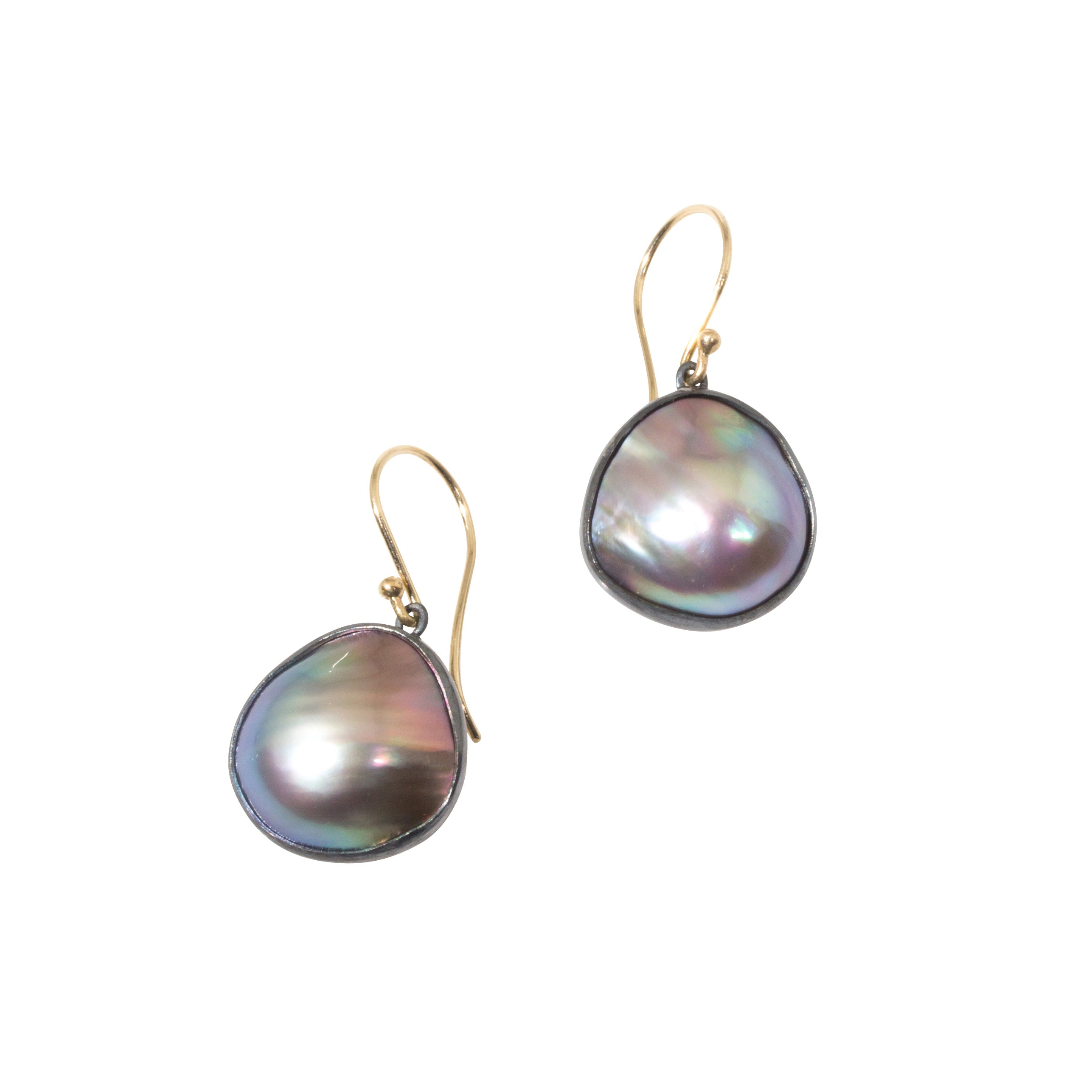 DE NOVO Earrings with Mabe Pearls in Oxidized Silver and 14k Yellow Gold