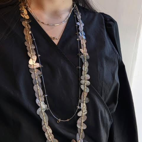 Long Leaf Necklace in Shibuichi, 18k Gold