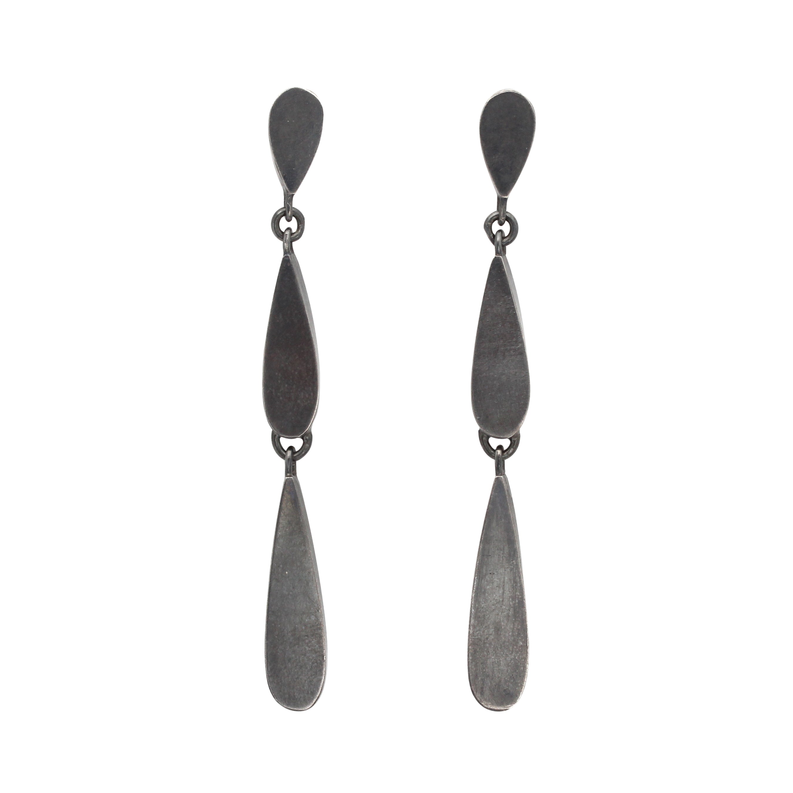 3 Tier Teardrop Dangle Post Earrings in Oxidized Silver