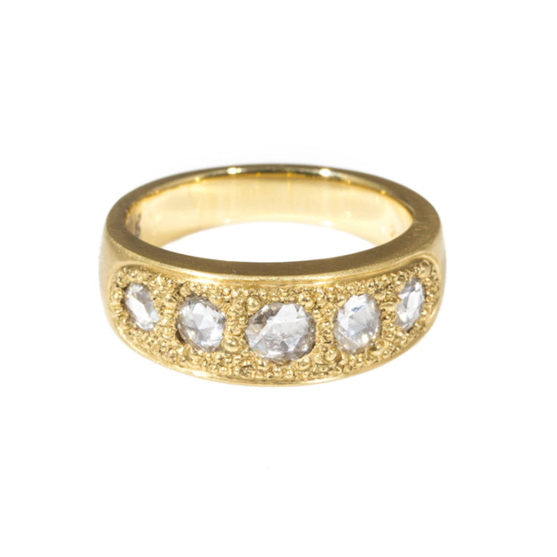 Pave Band Ring with Five Organic Rose Cut Diamonds in 18k Yellow Gold