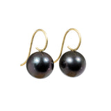 13mm Round Dark Grey Tahitian Pearl Drop Earrings with 18k Yellow Gold