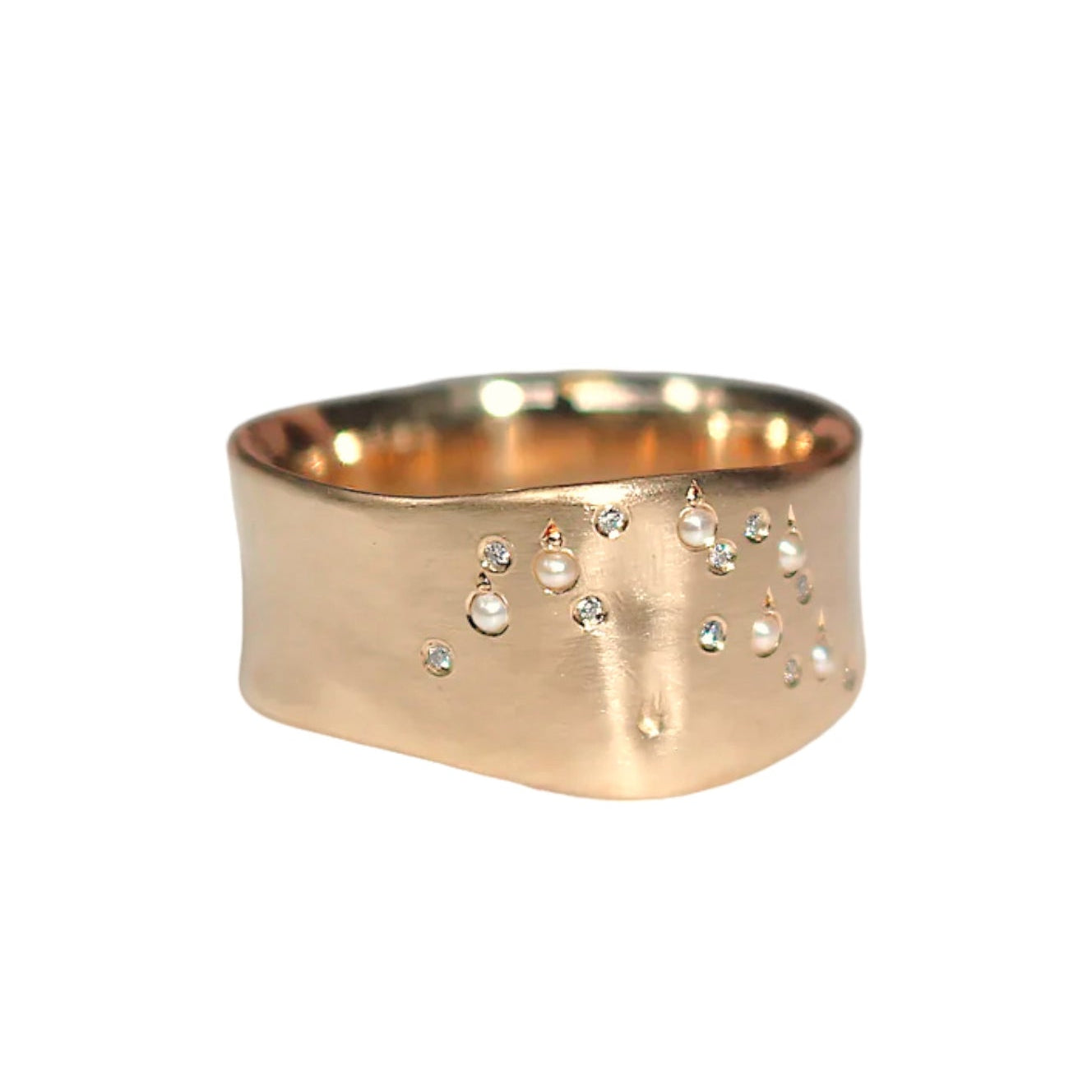 Omphaloskepsis Band with Diamonds and Pearls in 10k Yellow Gold