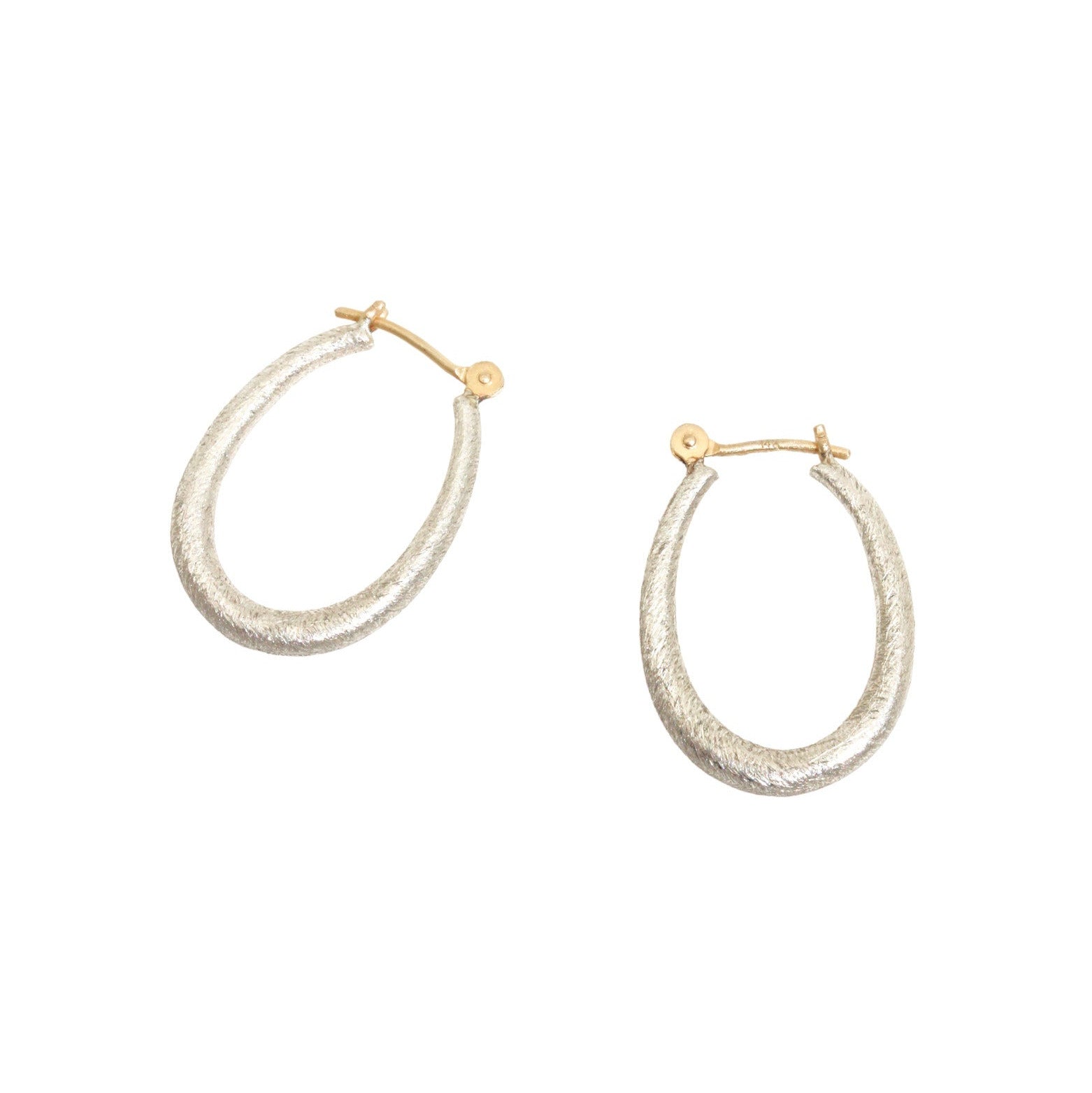 Small Katachi Oval Hoop Earrings with Locking Wire in Brushed Silver